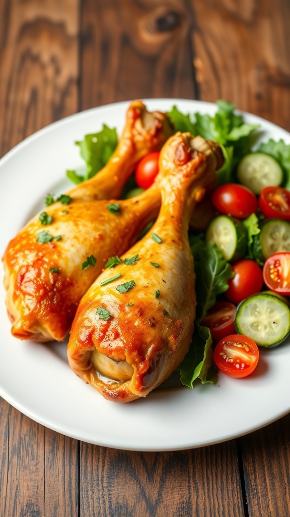 Yogurt Marinated Chicken Drumsticks Recipe Golden-brown yogurt marinated chicken drumsticks on a plate with fresh herbs and a colorful salad.